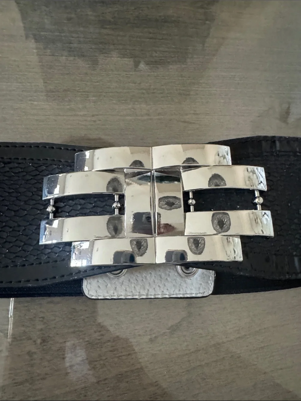 White House Black Market Black Leather Belt with Silver Design